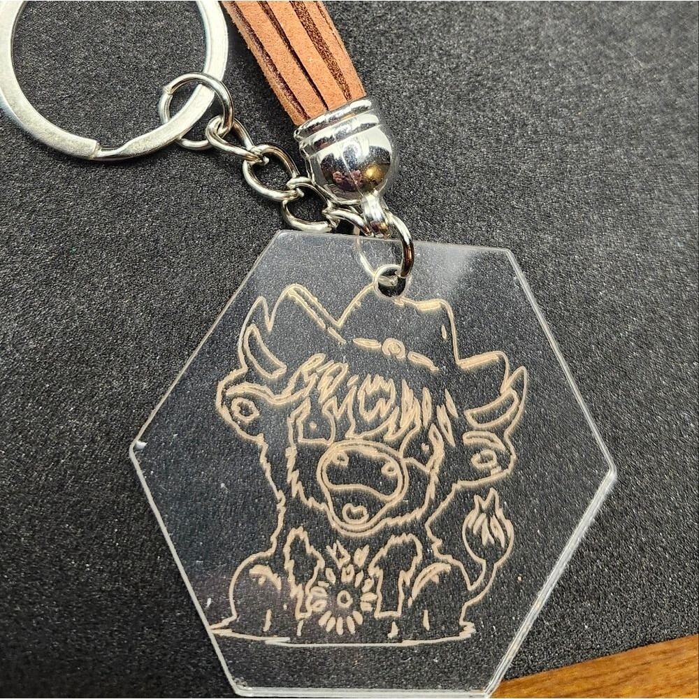 Hand Crafted Keychain Highland Cow Tan Silver Zipper Pull, Bag Charm Tassel